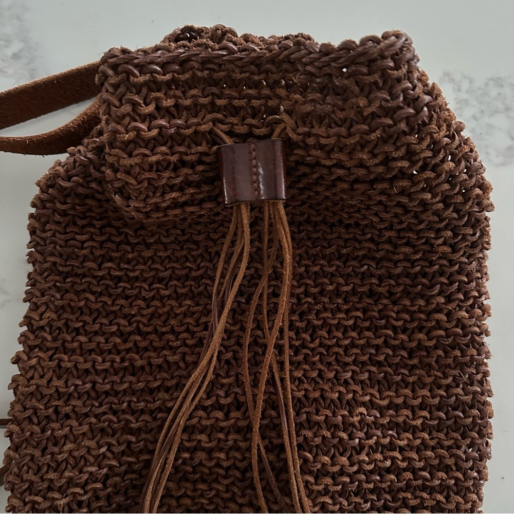 Vintage Ralph Lauren Hand Knit Open Weave Leather Backpack Dark Chocolate Brown - Picture 7 of 8